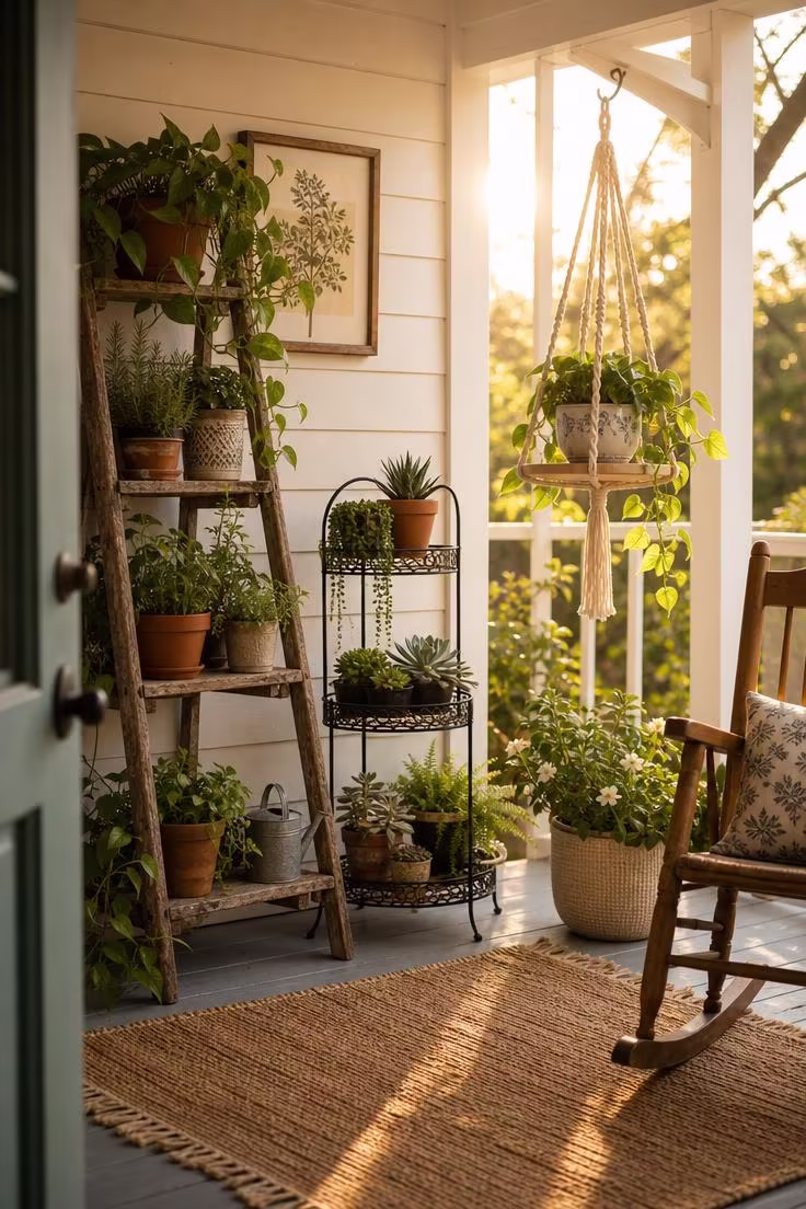 Simple Spaces 14 Sunlit covered porch corner with multiple outdoor plant shelves including a ladder shelf, tiered stand, and hanging macrame shelf in warm golden afternoon light