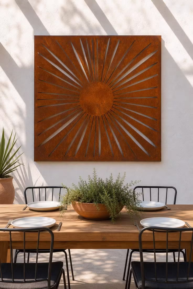 11 Striking Outdoor Wall Decor Ideas Worth Copying 1 Cor-ten steel sunburst panel with rust patina mounted on a white stucco outdoor wall above a teak dining table