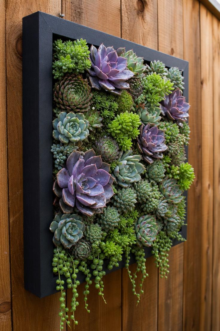 11 Striking Outdoor Wall Decor Ideas Worth Copying 2 Vertical succulent frame with echeveria and sedum in a matte black shadow box mounted on a cedar fence