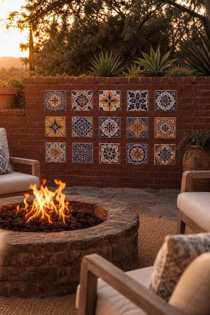 11 Striking Outdoor Wall Decor Ideas Worth Copying 3 Hand-painted Talavera tile mosaic on a brick retaining wall behind an outdoor firepit at golden hour