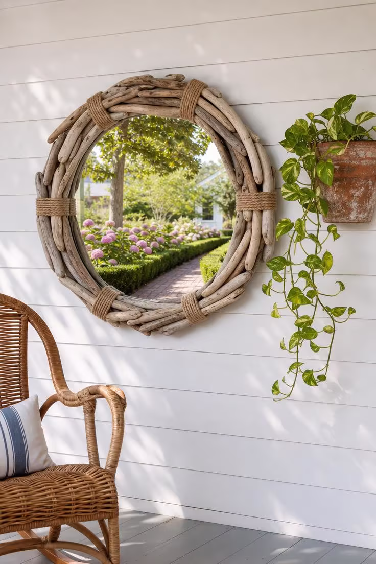 11 Striking Outdoor Wall Decor Ideas Worth Copying 4 Driftwood-framed round mirror with jute rope on a white shiplap porch wall reflecting a garden path