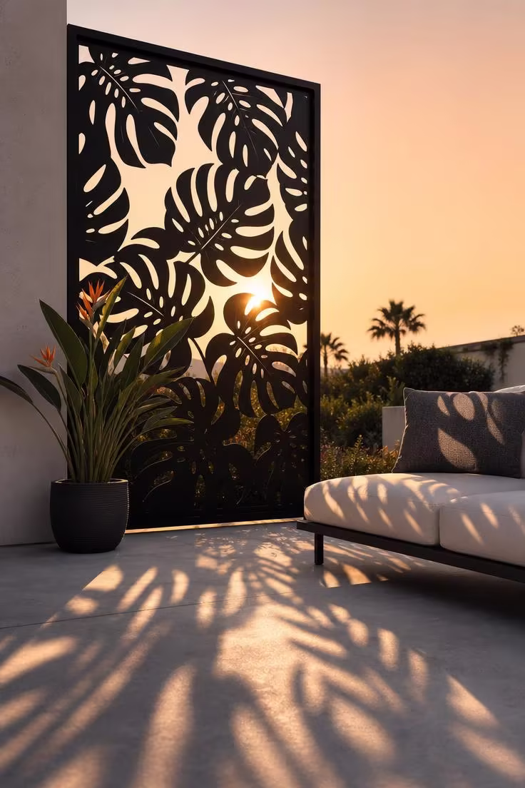 11 Striking Outdoor Wall Decor Ideas Worth Copying 5 Matte black laser-cut aluminum privacy screen with monstera leaf cutouts casting shadow patterns on a concrete patio