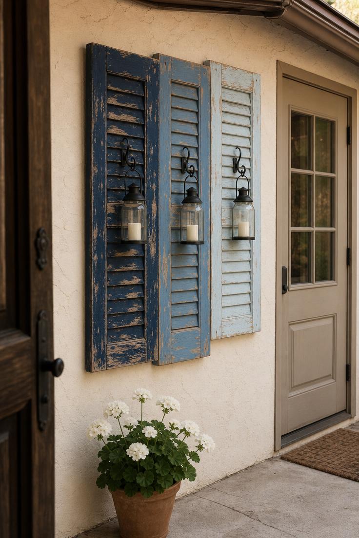 11 Striking Outdoor Wall Decor Ideas Worth Copying 7 Three reclaimed wooden shutters painted in graduated blues on a cream stucco wall with glass lanterns on iron hooks