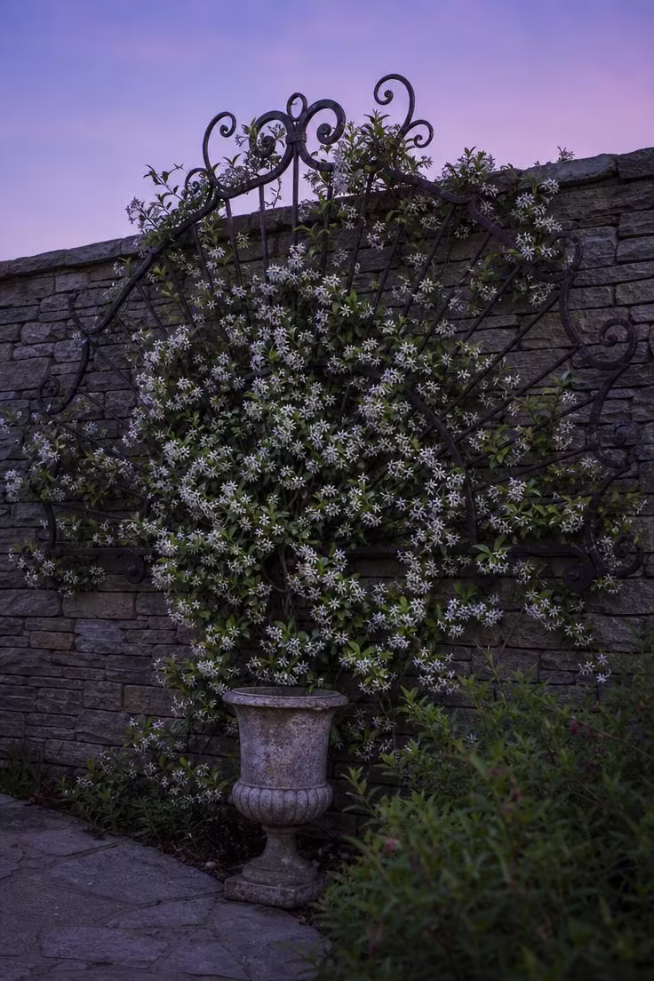 11 Striking Outdoor Wall Decor Ideas Worth Copying 8 Wrought-iron fan trellis with climbing star jasmine on a dry-stacked stone garden wall at dusk