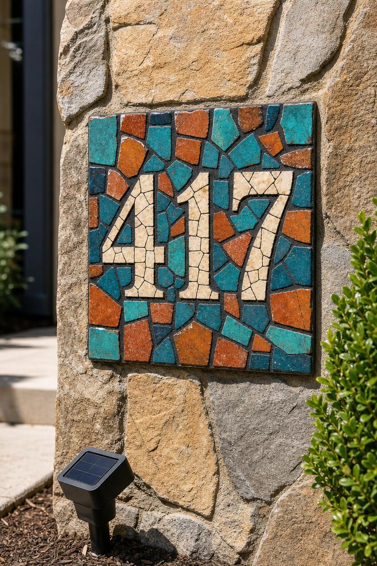 11 Striking Outdoor Wall Decor Ideas Worth Copying 9 Mosaic house number plaque in turquoise and terracotta tiles on a flagstone entry column