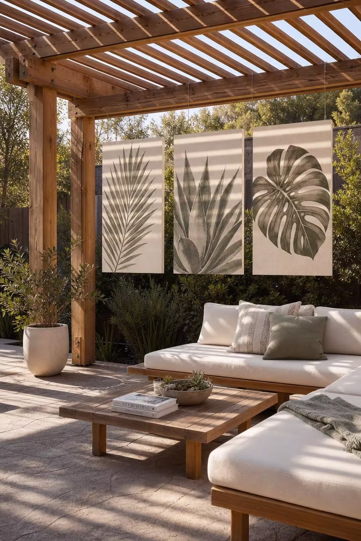11 Striking Outdoor Wall Decor Ideas Worth Copying 10 Three abstract botanical canvas panels in sage and charcoal hanging from pergola crossbeams in golden afternoon light