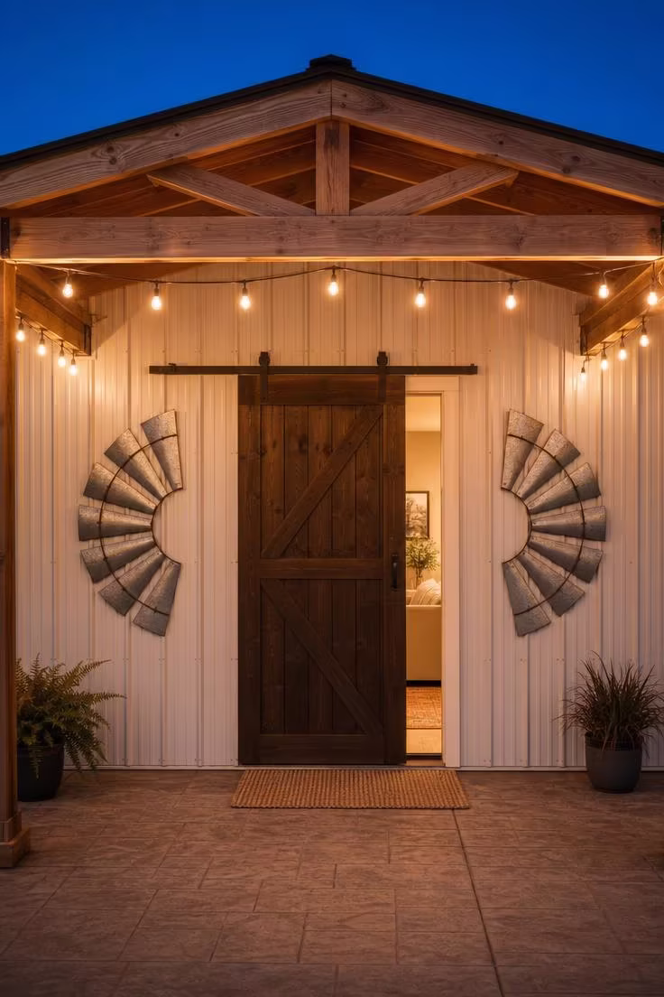 11 Striking Outdoor Wall Decor Ideas Worth Copying 11 Two galvanized metal half-windmill sculptures flanking a dark walnut barn door with Edison string lights at dusk