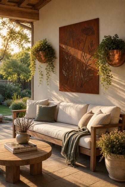 11 Striking Outdoor Wall Decor Ideas Worth Copying Covered patio at golden hour with cor-ten steel botanical wall art, copper planters, a cream outdoor sofa, sage throw blanket, teak coffee table, and warm garden light.