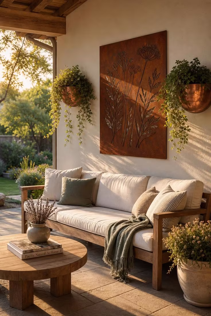 Simple Spaces 20 Covered patio at golden hour with cor-ten steel botanical wall art, copper planters, a cream outdoor sofa, sage throw blanket, teak coffee table, and warm garden light.