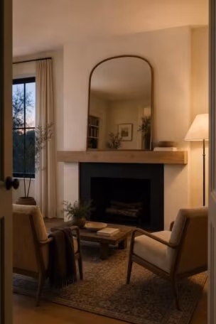 Warm living room fireplace wall with an arched mirror leaning on a thick oak mantel, a low ceramic bowl, and two linen armchairs facing the hearth.