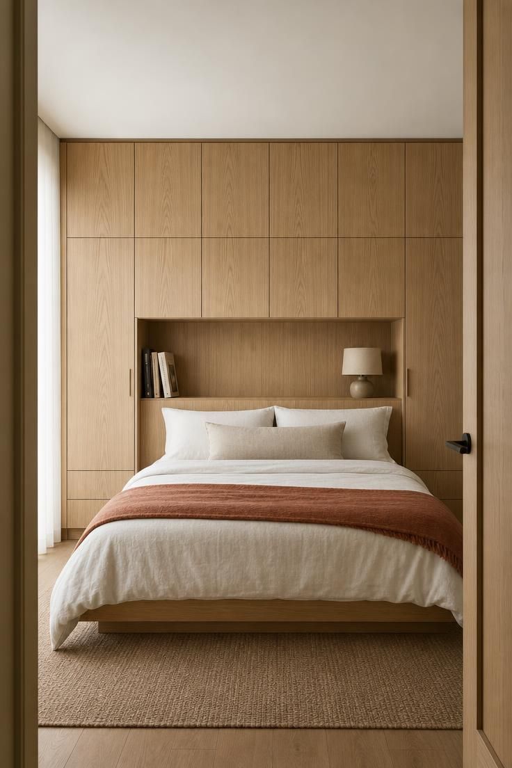 13 Cozy Over the Bed Storage Ideas for a Calm Bedroom 1 Full-wall oak veneer storage system with recessed headboard niche above a bed with white bedding and terracotta throw.