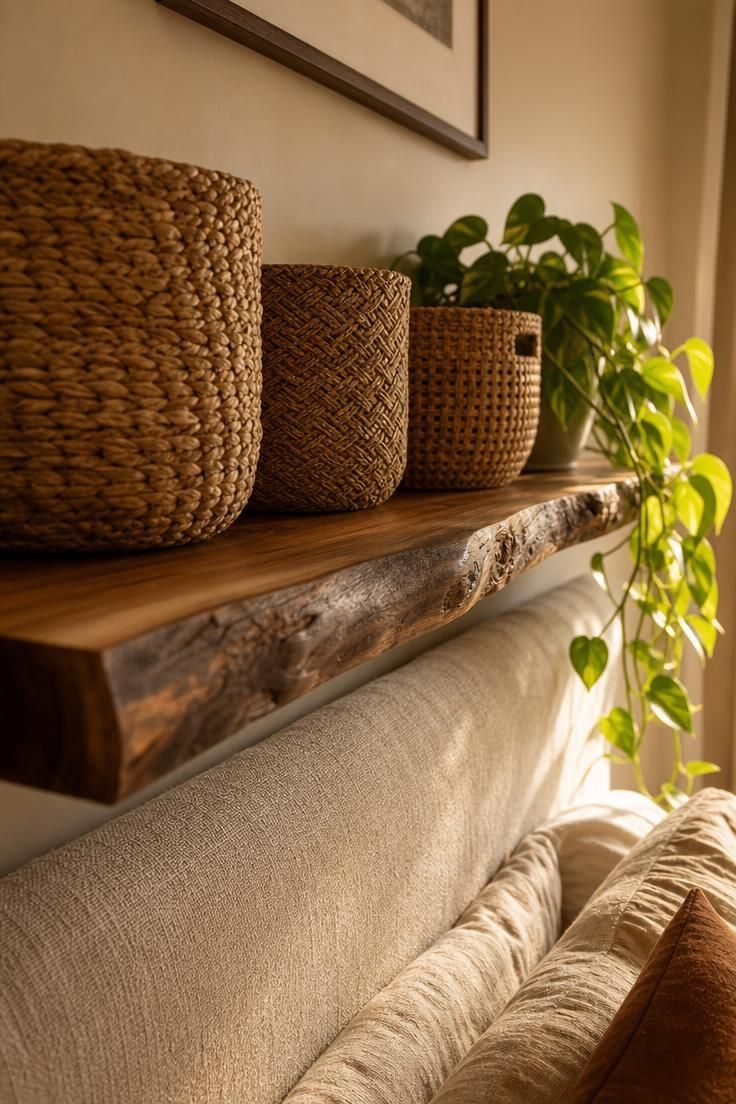 13 Cozy Over the Bed Storage Ideas for a Calm Bedroom 2 Live-edge walnut ledge above a linen headboard holding seagrass baskets and a trailing pothos plant.