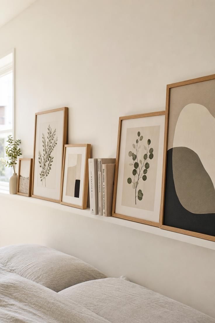 13 Cozy Over the Bed Storage Ideas for a Calm Bedroom 3 White picture ledge above a bed holding leaning framed prints in oak frames and small paperbacks.