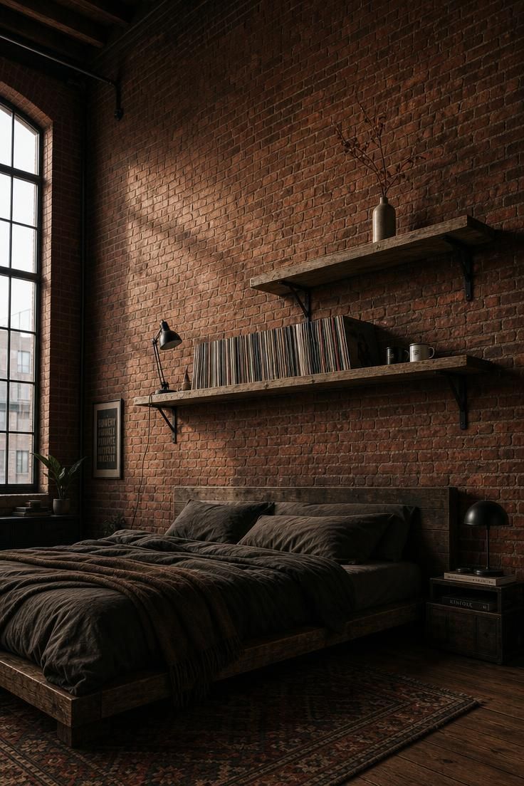 13 Cozy Over the Bed Storage Ideas for a Calm Bedroom 5 Reclaimed scaffold board shelves with black steel brackets above a bed in a brick loft bedroom.