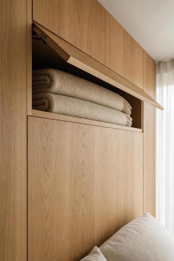 13 Cozy Over the Bed Storage Ideas for a Calm Bedroom 6 White oak headboard unit with a top-hinged lift door open to reveal folded wool blankets.
