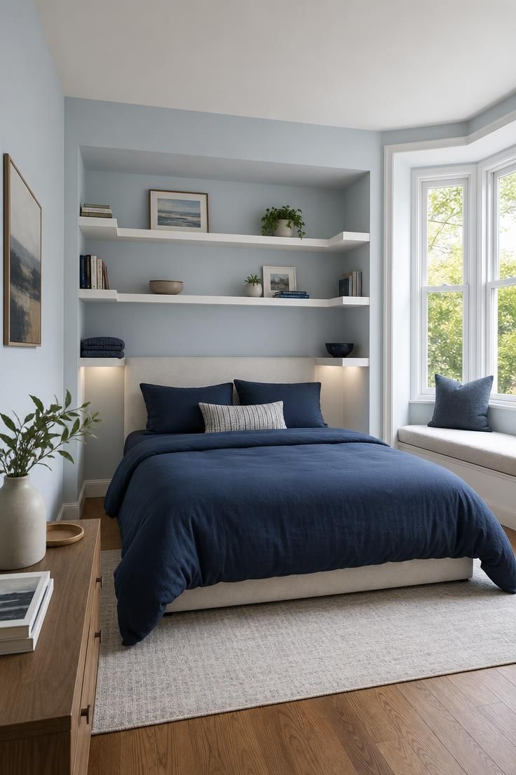 13 Cozy Over the Bed Storage Ideas for a Calm Bedroom 7 White wrap-around alcove shelf system above a bed with navy bedding in a pale blue-gray bedroom.