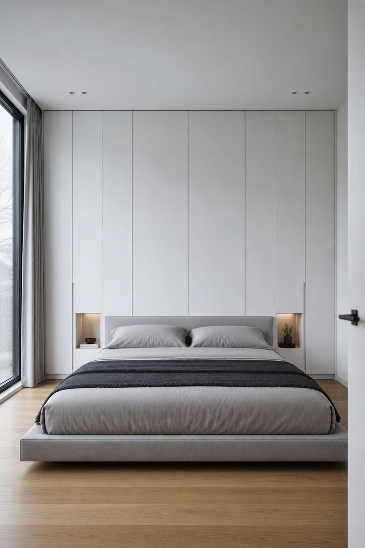 13 Cozy Over the Bed Storage Ideas for a Calm Bedroom 8 Matte white floor-to-ceiling wardrobes forming a continuous bridge above a low platform bed with charcoal throw.