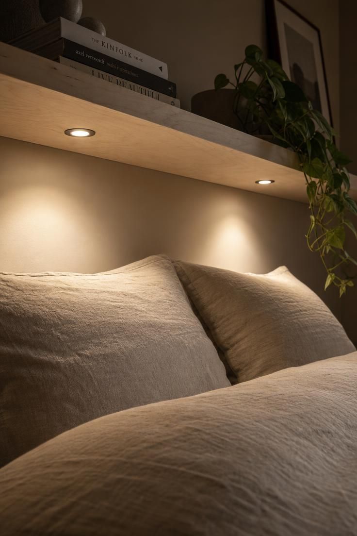 13 Cozy Over the Bed Storage Ideas for a Calm Bedroom 9 Pale birch shelf with recessed LED reading lights casting warm pools onto linen-covered pillows.