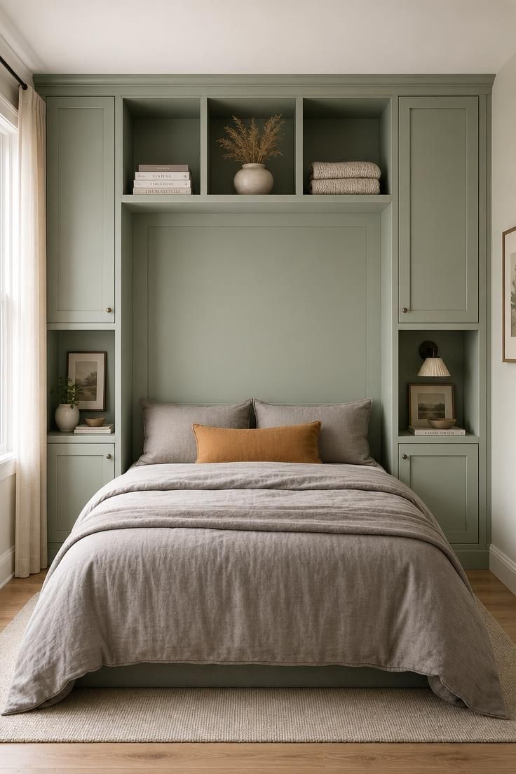 13 Cozy Over the Bed Storage Ideas for a Calm Bedroom 10 Pale sage green full-wall built-in with three open cubbies above a bed with warm gray bedding.