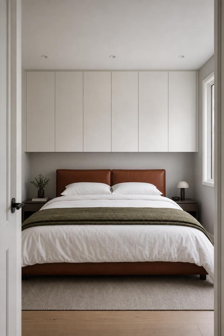 13 Cozy Over the Bed Storage Ideas for a Calm Bedroom 11 Handleless white overhead cabinets above a bed with a warm brown leather headboard.