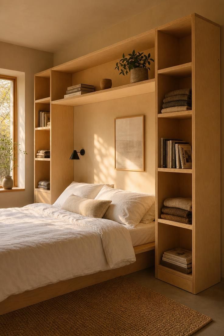 13 Cozy Over the Bed Storage Ideas for a Calm Bedroom 12 Freestanding birch plywood shelf unit straddling a bed with white bedding and a jute rug.