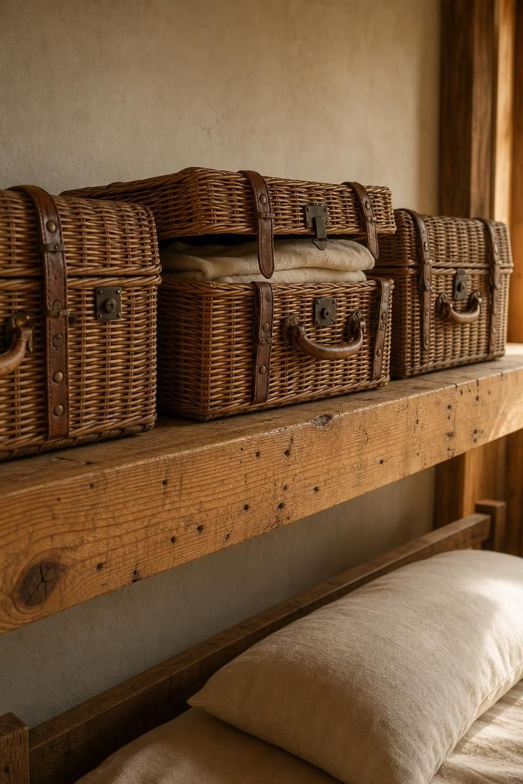 13 Cozy Over the Bed Storage Ideas for a Calm Bedroom 13 Reclaimed pine shelf above a low bed holding three vintage wicker trunks with leather straps.