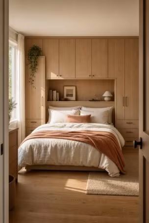 Calm bedroom with full-wall pale oak storage above the bed, recessed headboard niche, soft white bedding, and warm morning light.