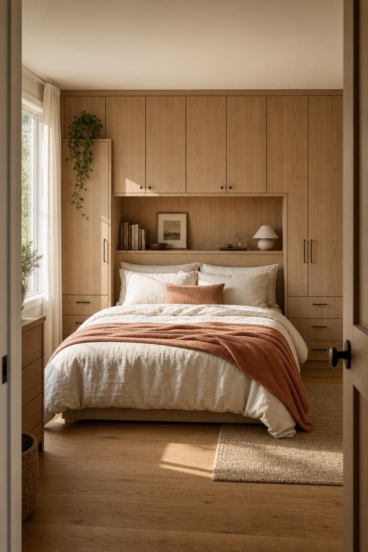 Simple Spaces 17 Calm bedroom with full-wall pale oak storage above the bed, recessed headboard niche, soft white bedding, and warm morning light.