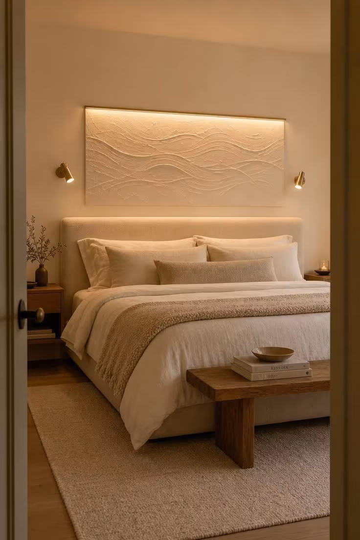 Wide view from doorway of a king bed with low oatmeal headboard, textured ivory plaster relief panel above, soft LED light washing down the wall, brass sconces at panel edges.