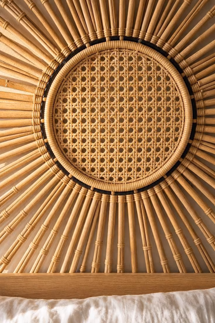 Close-up detail of a large rattan sunburst medallion with radiating cane spokes, warm golden light revealing woven texture, white linen pillow edge at bottom.