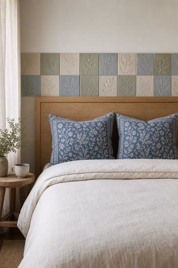 Queen bed with oak headboard and a full-width band of sage and blue bas-relief ceramic tiles above, soft neutral light, ivory duvet and indigo shams.