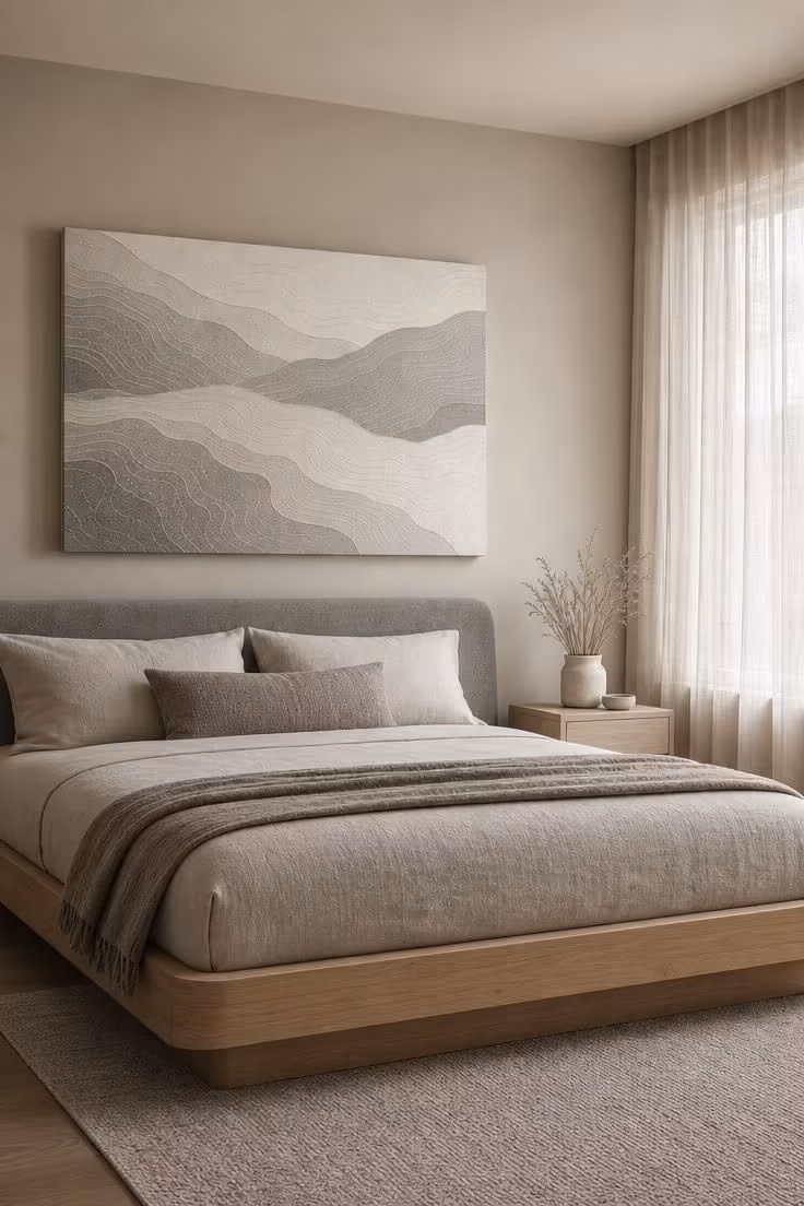 Wide view of platform bed with low gray headboard and large topographic canvas above in gray and ivory tones, light oak bed, dried grasses on side table.