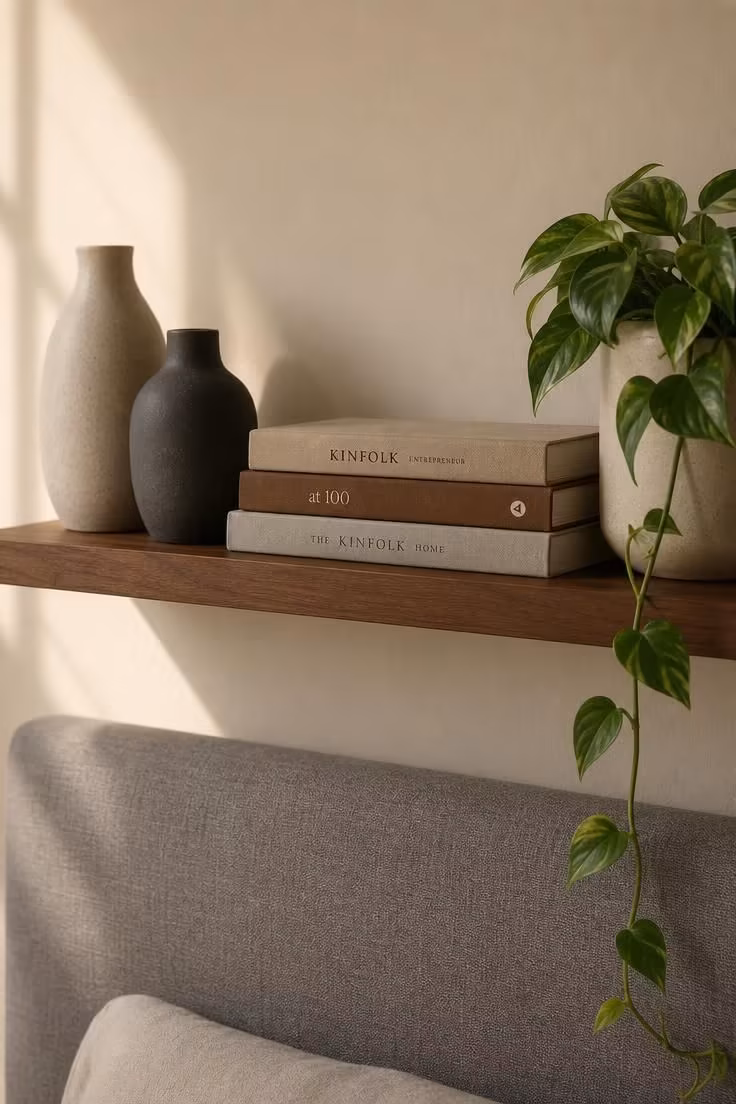 Close-up of walnut floating shelf above gray headboard with stoneware vases, stacked books, and trailing pothos, warm morning light from left.