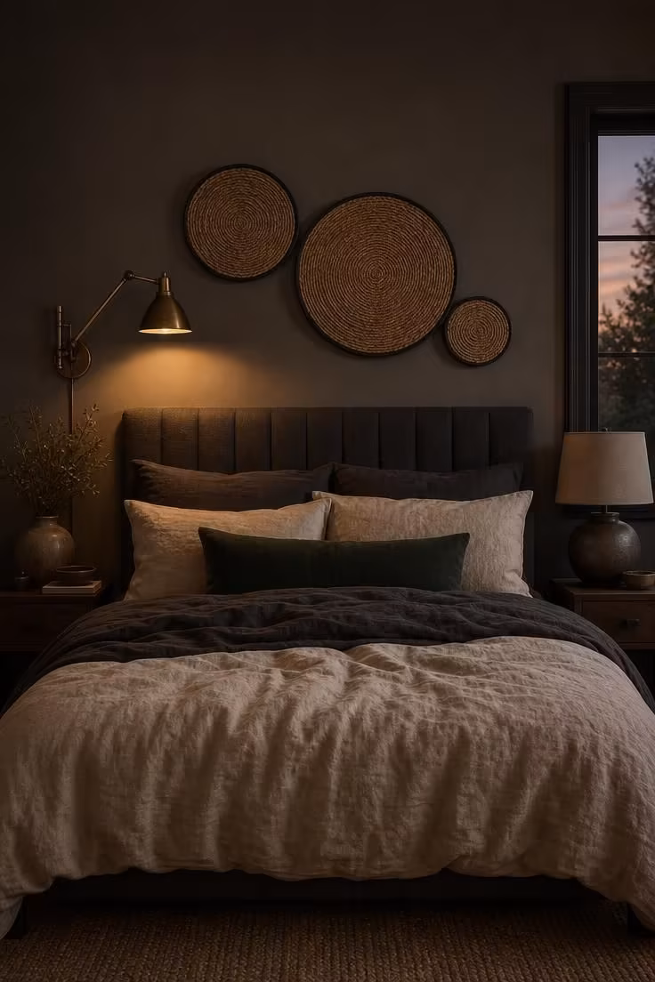 From foot of bed, asymmetrical cluster of three woven grass discs in blackened steel frames above charcoal linen bed, warm sconce light on texture.