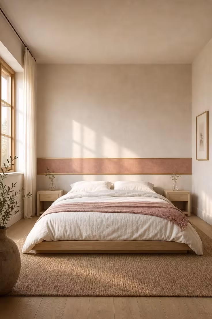 Wide view of bedroom with low dusty rose limewash panel above pale wood bed, brass trim at panel edges, white bedding with blush throw, late afternoon sun.