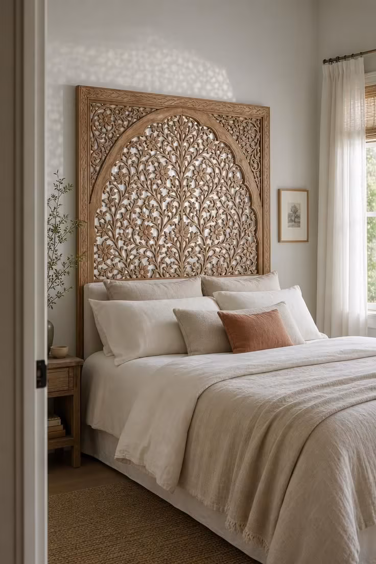 From doorway, queen bed with large carved teak archway panel behind, pierced floral fretwork, cream headboard barely visible, soft neutral light.