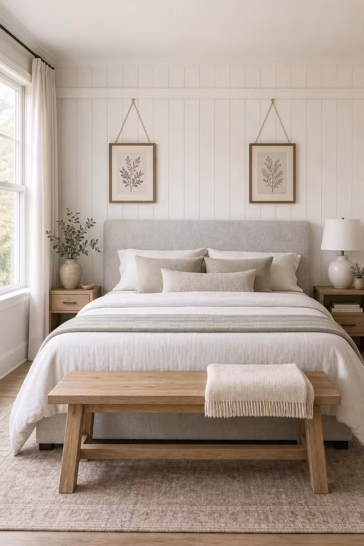 Queen bed with vertical white shiplap behind headboard, picture rail above with two small botanical prints on brass chains, pale gray bouclé headboard.