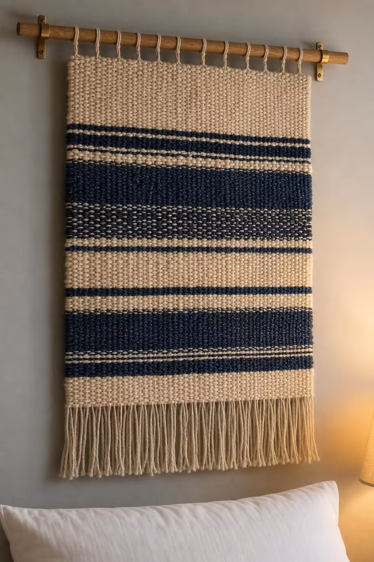 Close-up of woven indigo and cream wool textile wall hanging above bed, dense fiber texture and fringe, suspended from oak dowel with brass brackets.