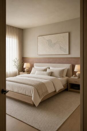 Wide view from doorway of restful bedroom with pale oak bed, low limewash panel in dusty rose with brass trim above, topographic canvas, layered ivory bedding, diffused window light.