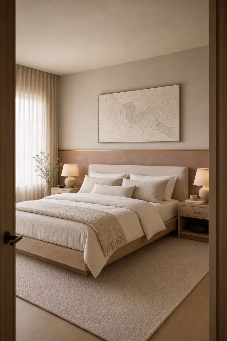 Simple Spaces 18 Wide view from doorway of restful bedroom with pale oak bed, low limewash panel in dusty rose with brass trim above, topographic canvas, layered ivory bedding, diffused window light.