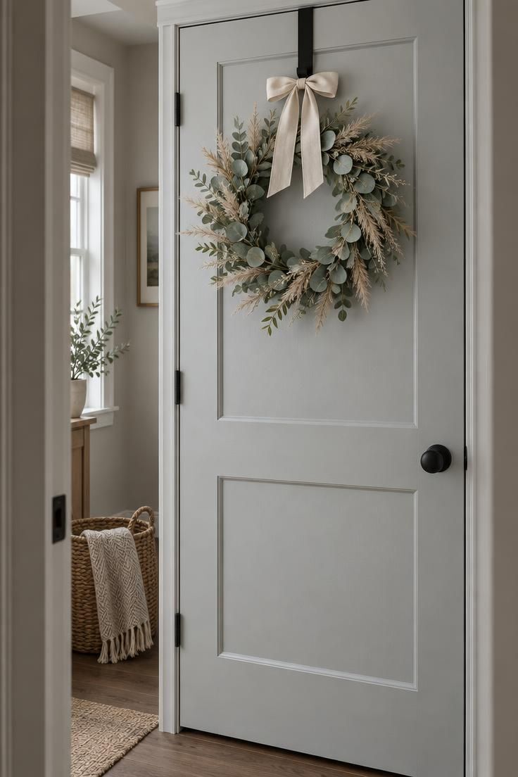 7 Cheerful Over the Door Decor Ideas to Brighten Your Space 1 A pale gray interior door with a faux eucalyptus and dried grass wreath hung from a matte black hook, tied with a cream linen ribbon, with a woven basket and folded blanket on the floor nearby.
