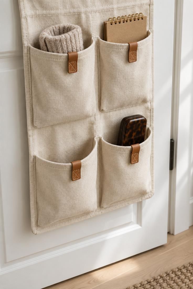 7 Cheerful Over the Door Decor Ideas to Brighten Your Space 2 A natural canvas over-the-door organizer with leather pull tabs hanging on a white door, with socks, a notepad, and a sunglasses case tucked into its pockets.