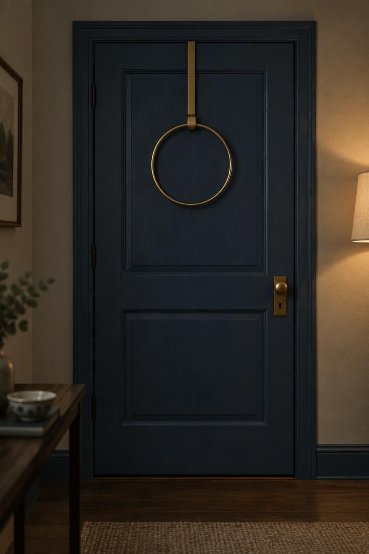 7 Cheerful Over the Door Decor Ideas to Brighten Your Space 3 A brass ring hanging from a slim brass wreath hanger on a dark blue door, lit by a warm lamp with a small ceramic dish visible in the foreground.