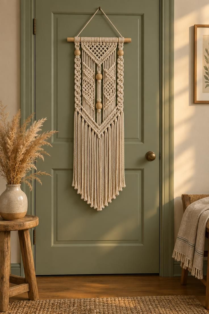 7 Cheerful Over the Door Decor Ideas to Brighten Your Space 4 A cream macramé door hanging with a wooden dowel, woven wooden beads, and long fringe on a sage green door, lit by warm golden light.
