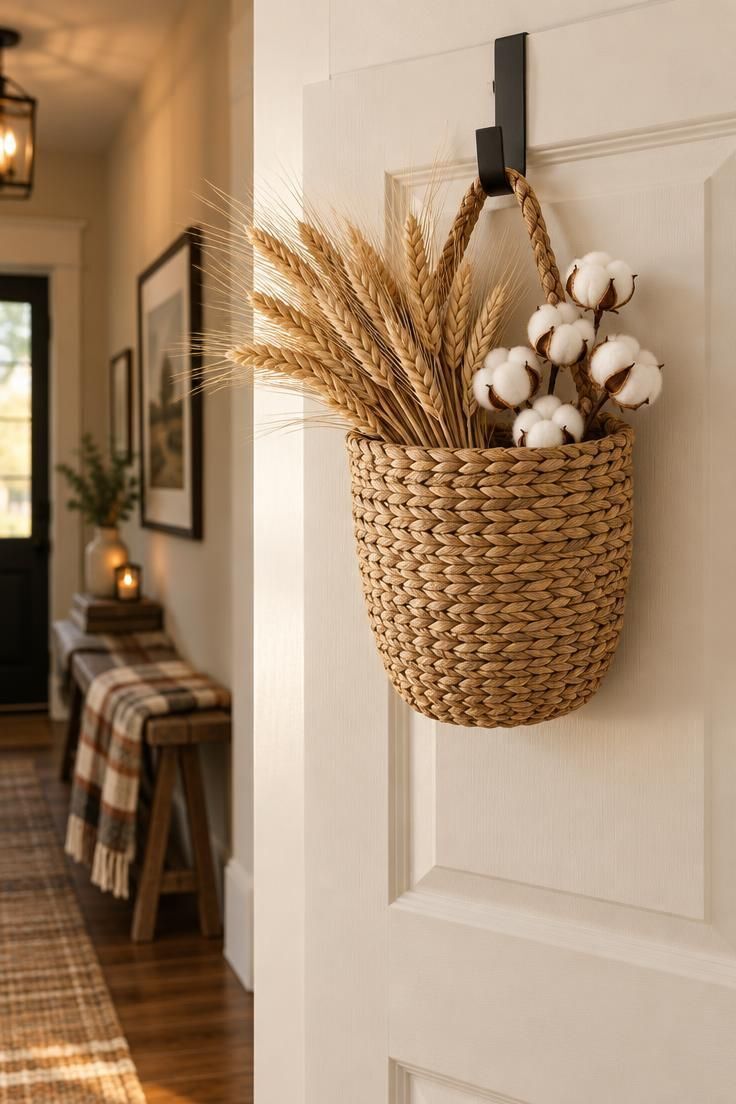 7 Cheerful Over the Door Decor Ideas to Brighten Your Space 5 A shallow woven basket hanging from a black over-the-door hook on a warm white door, filled with dried wheat stems and faux cotton.