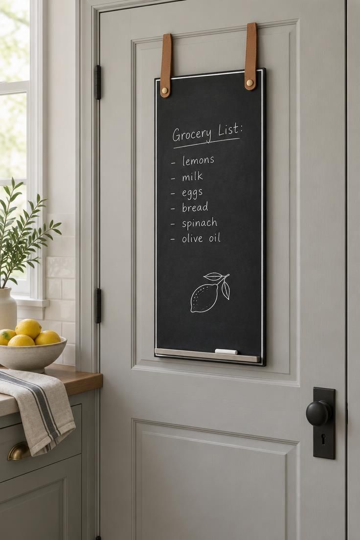 7 Cheerful Over the Door Decor Ideas to Brighten Your Space 6 A slim chalkboard panel with a white border hung from leather over-the-door straps on a light gray kitchen door, showing a handwritten list and chalk.