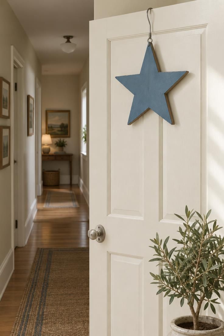 7 Cheerful Over the Door Decor Ideas to Brighten Your Space 7 A muted blue painted wood star cutout hanging from a silver wire hook on a warm white bedroom door, with a small potted olive tree nearby.