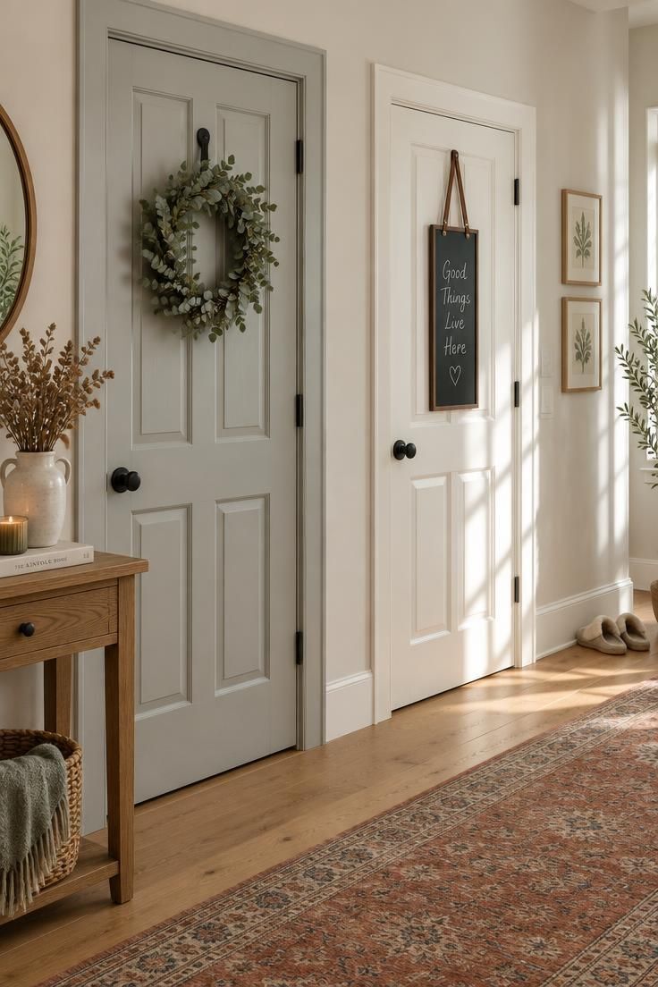 Simple Spaces 17 A bright hallway with a pale gray door holding a eucalyptus wreath and a warm white door with a leather-strapped chalkboard panel, styled with a terracotta runner and dried stems.