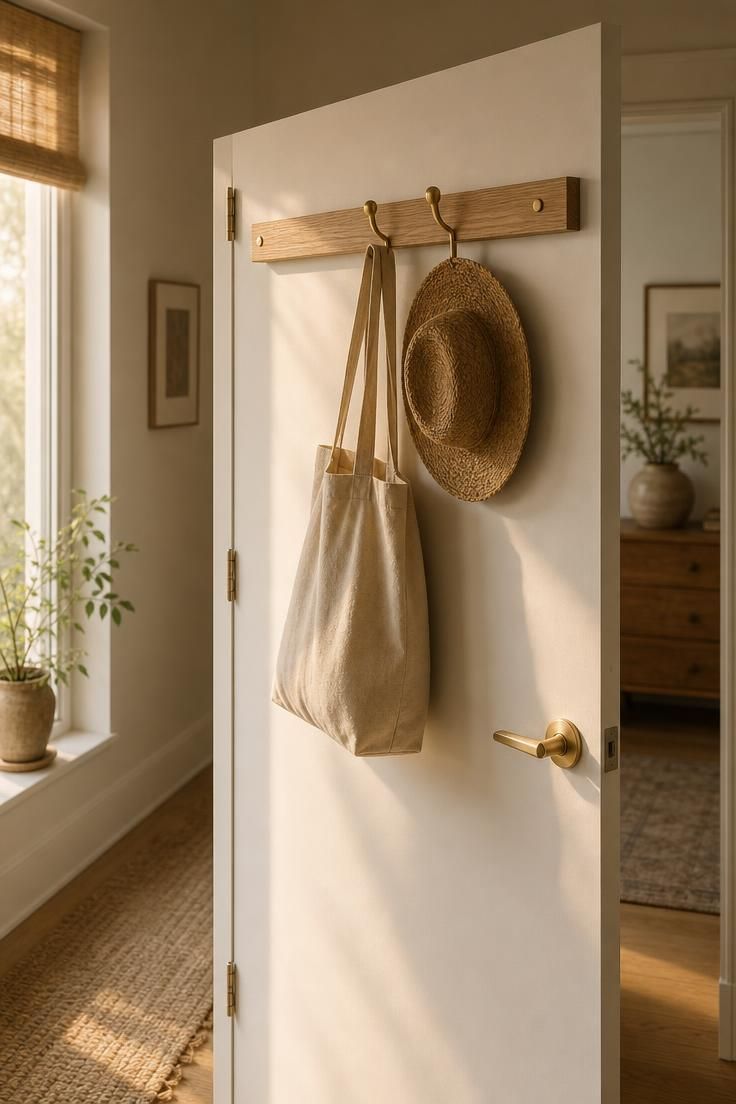 Slim white oak rail with brass hooks over a white door, holding a canvas tote and straw hat in warm golden light.