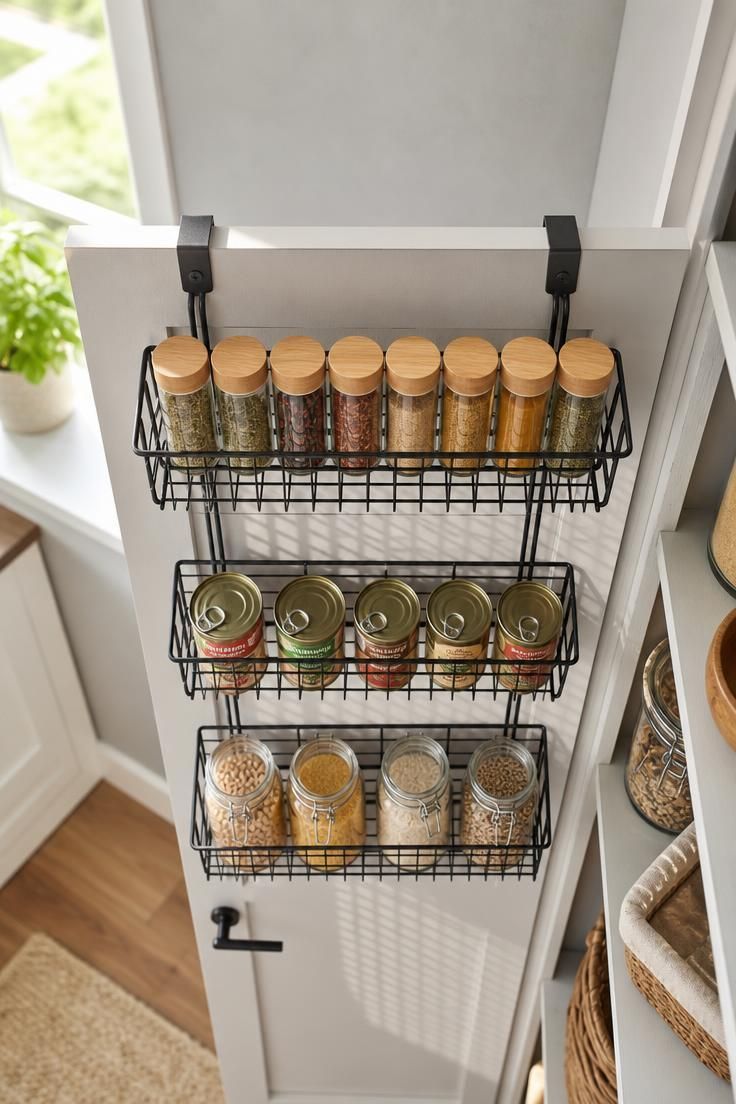 Overhead view of matte black steel basket tiers over a pantry door, holding labeled jars and canned goods in bright light.